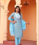 Blue abstract fabric .. stitching..straight kurti pant duppatta set