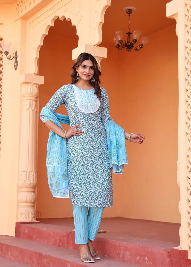 Blue abstract fabric .. stitching..straight kurti pant duppatta set