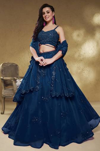 Beautiful Navy Blue Sequins Georgette Reception Wear Lehenga Choli