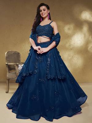 Beautiful Navy Blue Sequins Georgette Reception Wear Lehenga Choli 1