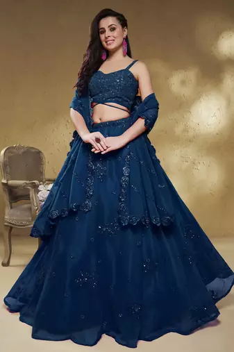 Beautiful Navy Blue Sequins Georgette Reception Wear Lehenga Choli