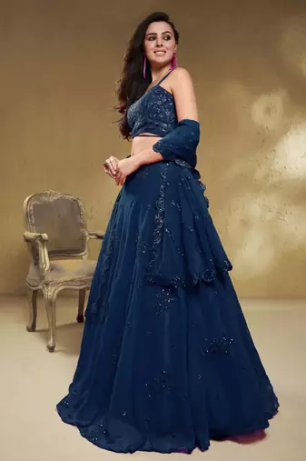Beautiful Navy Blue Sequins Georgette Reception Wear Lehenga Choli