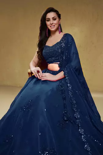 Beautiful Navy Blue Sequins Georgette Reception Wear Lehenga Choli