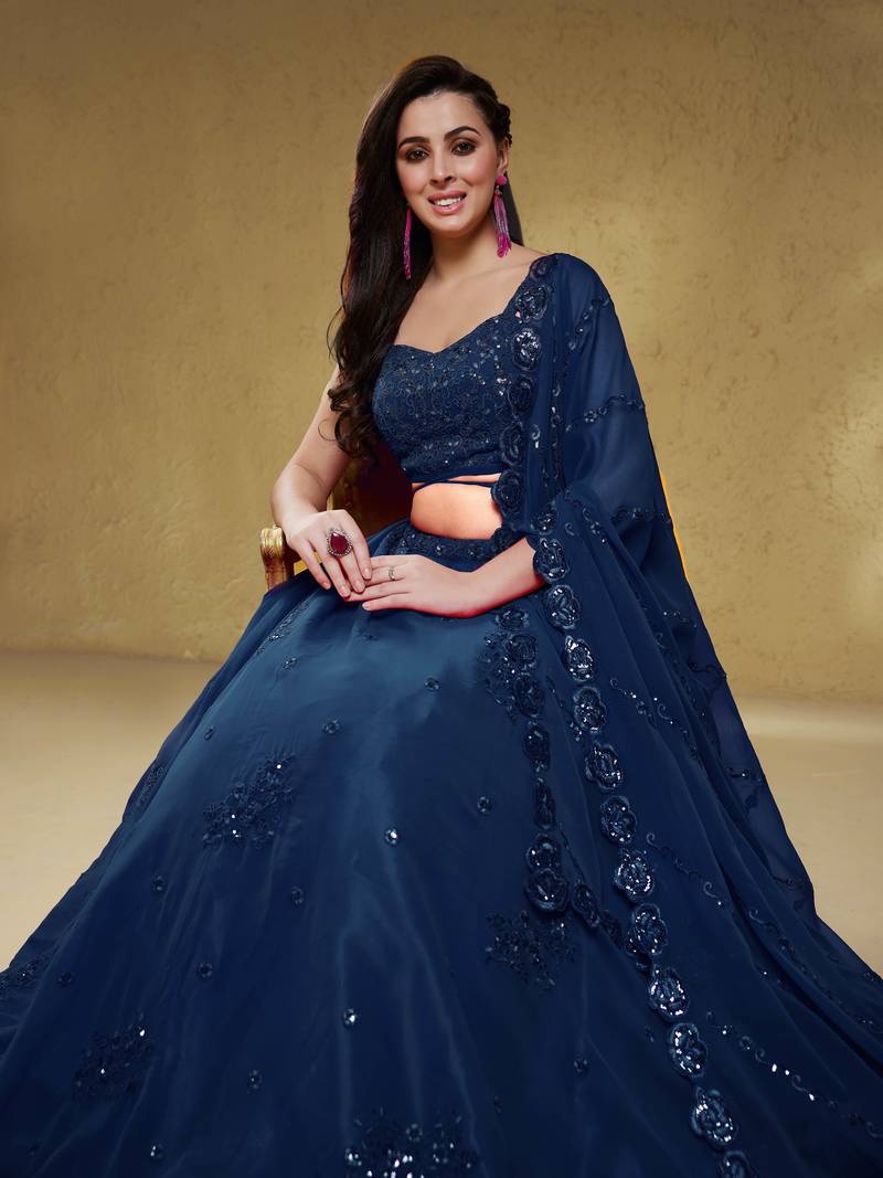 Beautiful Navy Blue Sequins Georgette Reception Wear Lehenga Choli