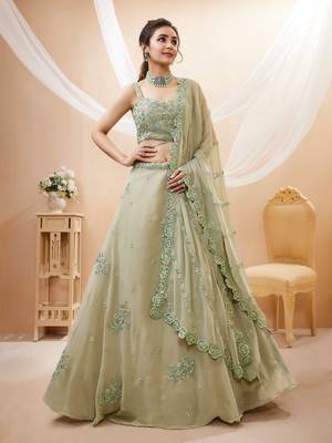 Pretty Pista Green Sequins Georgette Engagement Wear Lehenga Choli 1