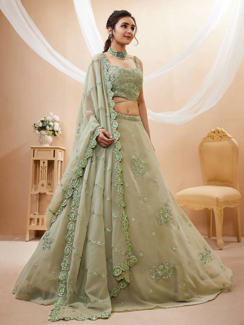 Pretty Pista Green Sequins Georgette Engagement Wear Lehenga Choli