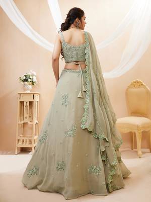 Pretty Pista Green Sequins Georgette Engagement Wear Lehenga Choli 3