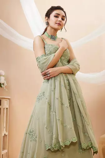 Pretty Pista Green Sequins Georgette Engagement Wear Lehenga Choli