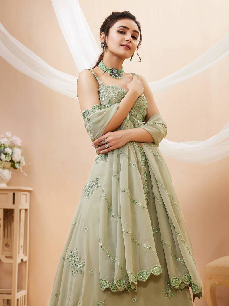 Pretty Pista Green Sequins Georgette Engagement Wear Lehenga Choli