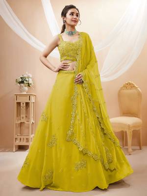 neon yellow sequins georgette lehenga set choli with dupatta 1