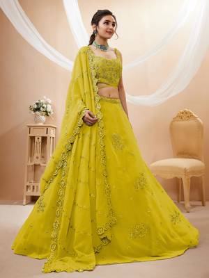 neon yellow sequins georgette lehenga set choli with dupatta 2