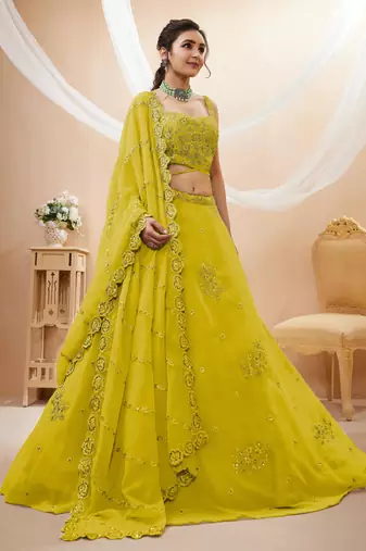 neon yellow sequins georgette lehenga set choli with dupatta
