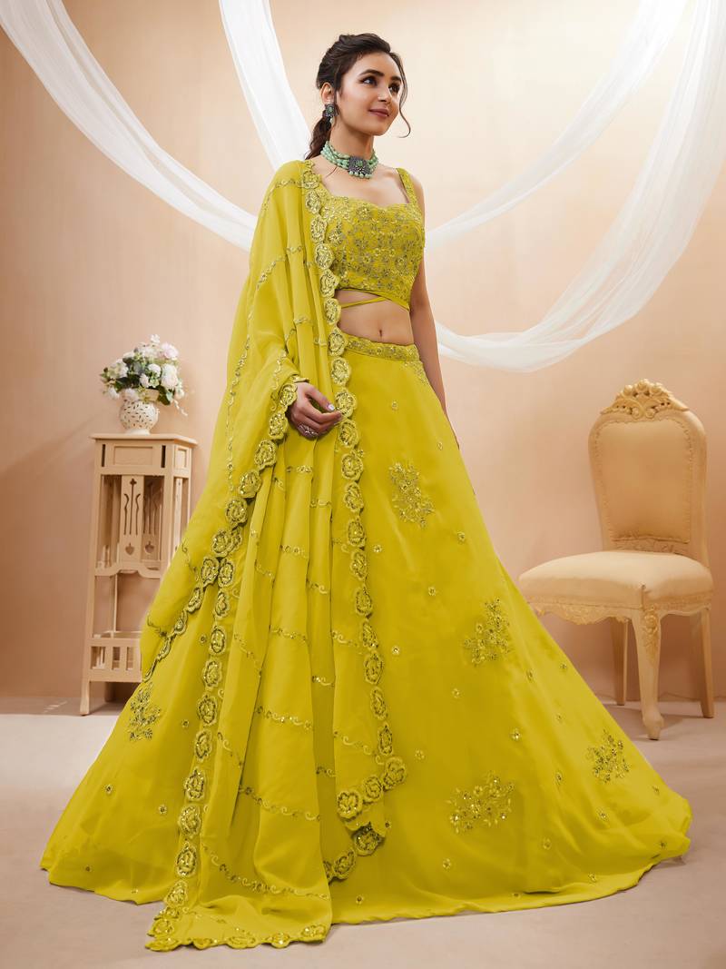 Adorable Neon Yellow Sequins Georgette Wedding Wear Lehenga Choli