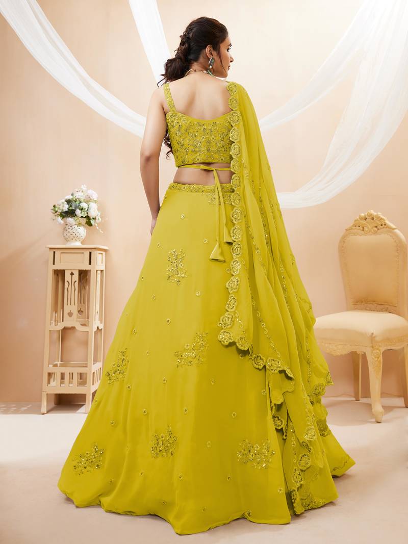 Adorable Neon Yellow Sequins Georgette Wedding Wear Lehenga Choli