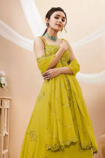 neon yellow sequins georgette lehenga set choli with dupatta