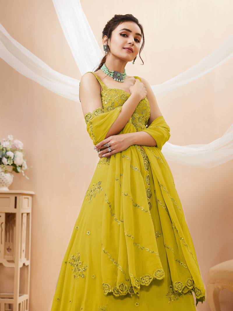 Adorable Neon Yellow Sequins Georgette Wedding Wear Lehenga Choli