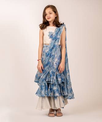 Cream & blue cotton rayon & organza  ruffle saree 1