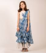 Cream & blue cotton rayon & organza  ruffle saree