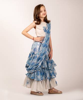 Cream & blue cotton rayon & organza  ruffle saree 2