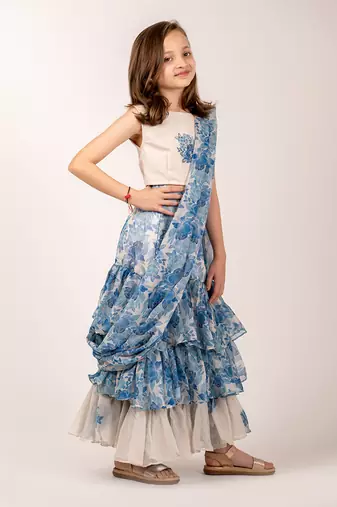 Cream & blue cotton rayon & organza  ruffle saree