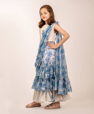 Cream & blue cotton rayon & organza  ruffle saree 3