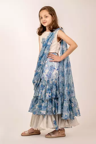 Cream & blue cotton rayon & organza  ruffle saree