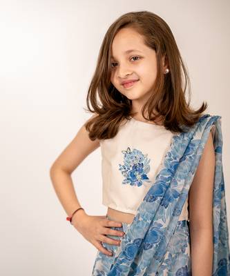 Cream & blue cotton rayon & organza  ruffle saree 4