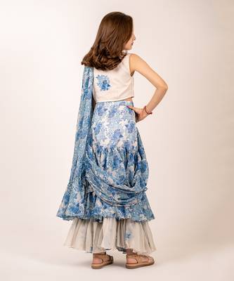 Cream & blue cotton rayon & organza  ruffle saree 5