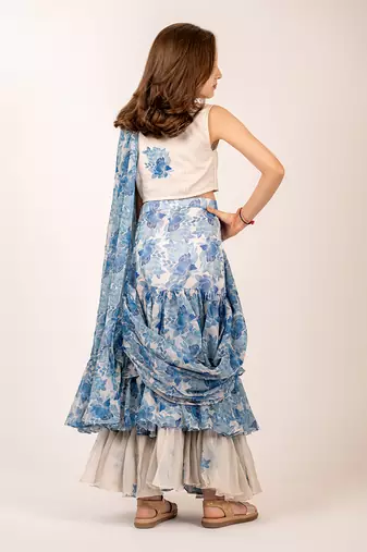 Cream & blue cotton rayon & organza  ruffle saree