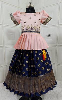 Kids Rose Pink New south Indian traditional pattu pavadai Jacquard Lehenga choli for girls dress 1
