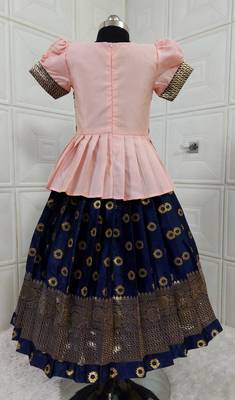 Kids Rose Pink New south Indian traditional pattu pavadai Jacquard Lehenga choli for girls dress 2
