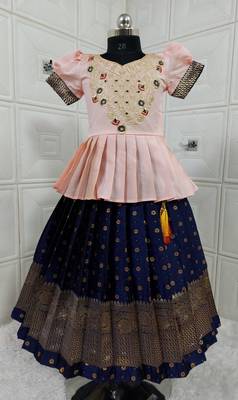 Kids Rose Pink New south Indian traditional pattu pavadai Jacquard Lehenga choli for girls dress 1