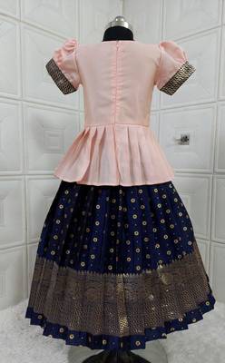 Kids Rose Pink New south Indian traditional pattu pavadai Jacquard Lehenga choli for girls dress 2
