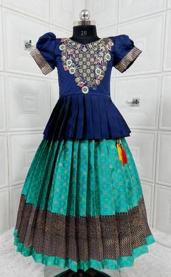 Kids Blue New south Indian traditional pattu pavadai Jacquard Lehenga choli for girls dress 1