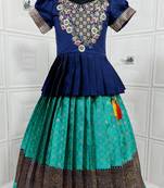 Kids Blue New south Indian traditional pattu pavadai Jacquard Lehenga choli for girls dress
