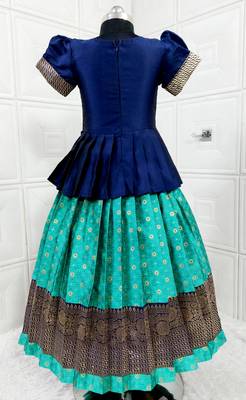 Kids Blue New south Indian traditional pattu pavadai Jacquard Lehenga choli for girls dress 2