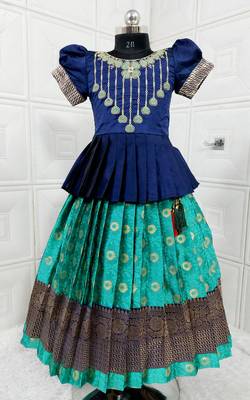 Kids Blue New south Indian traditional pattu pavadai Jacquard Lehenga choli for girls dress 1