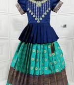 Kids Blue New south Indian traditional pattu pavadai Jacquard Lehenga choli for girls dress