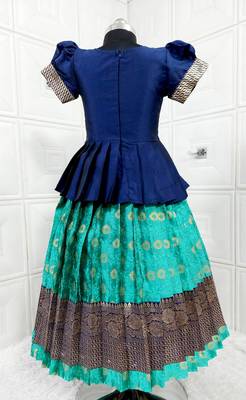 Kids Blue New south Indian traditional pattu pavadai Jacquard Lehenga choli for girls dress 2