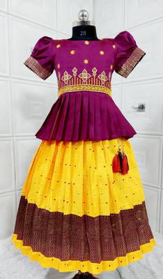 Kids Purple New south Indian traditional pattu pavadai Jacquard Lehenga choli for girls dress 1