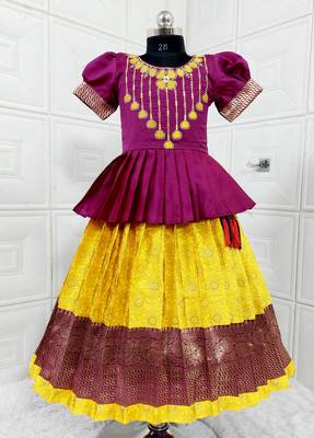 Kids Purple New south Indian traditional pattu pavadai Jacquard Lehenga choli for girls dress 1