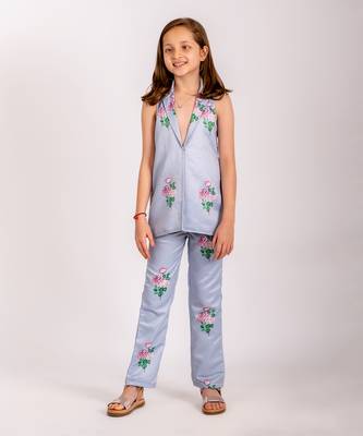 Blue dull satin   pantsuit   1