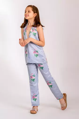 Blue dull satin   pantsuit  