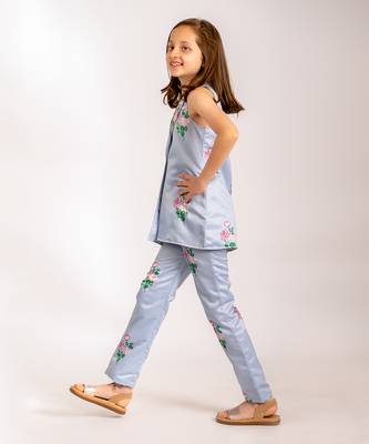 Blue dull satin   pantsuit   4