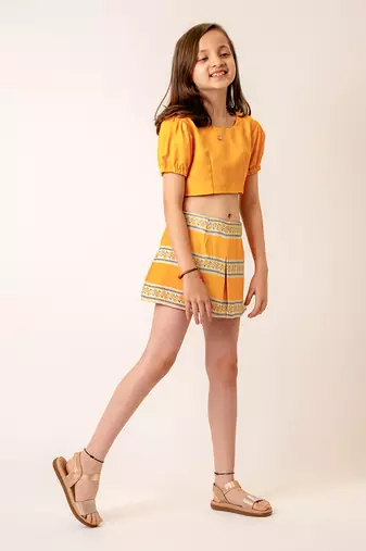 Bright yellow cotton rayon top & skirt set