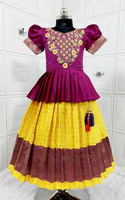 Kids Purple New south Indian traditional pattu pavadai Jacquard Lehenga choli for girls dress 1