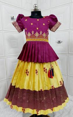 Kids Purple New south Indian traditional pattu pavadai Jacquard Lehenga choli for girls dress 1