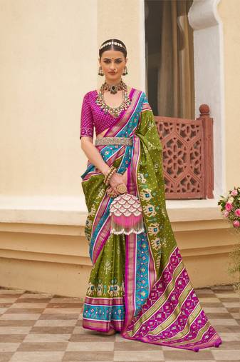 Women'S Mehendi Silk Blend Saree With Unstitched Blouse Piece
