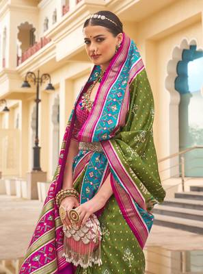 Women'S Mehendi silk blend Saree With Unstitched Blouse Piece 2