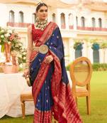 Navy Blue silk blend Blend Saree With Unstitched Blouse Piece